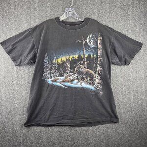 Vintage Wolves Shirt Mens XL Black Made USA Oneita Wolf Moon Graphic 90s